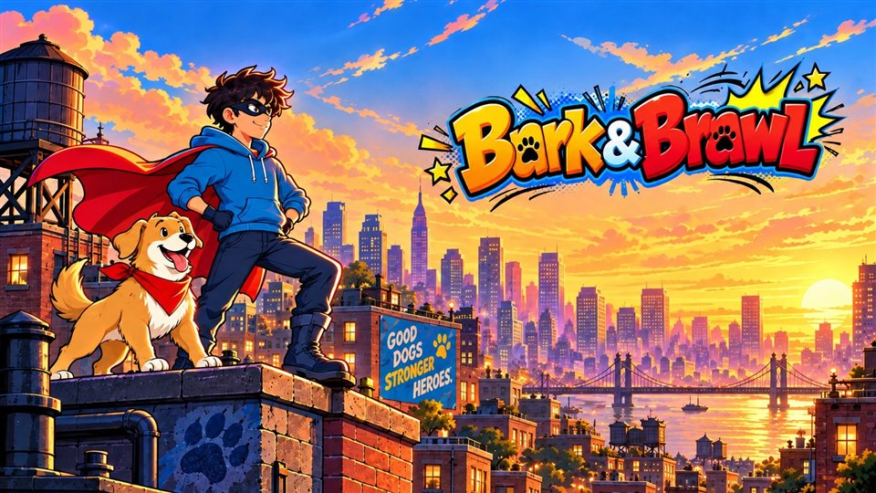 Bark & Brawl title art: a masked young vigilante in a red cape and his golden dog on a rooftop overlooking the city skyline at sunset