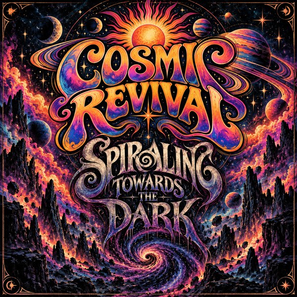 Album cover for Cosmic Revival: Spiraling Towards the Dark, a psychedelic space scene with planets, a sun and a spiraling galaxy