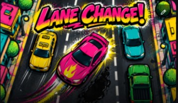Lane Change! game art: a pink sports car weaving between a taxi and other cars on a four-lane road