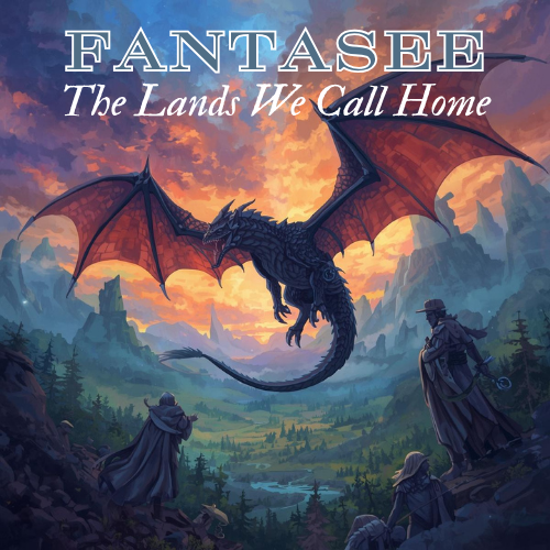 Album cover for The Fantasy: a dragon flying over a mountain valley at sunset, with travelers watching